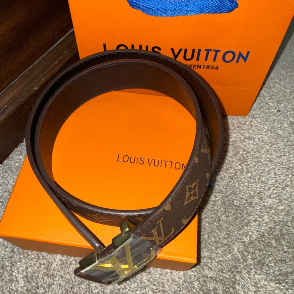 Louis Vuitton Brown Monogram Men's Belt with Gold-Tone LV Buckle